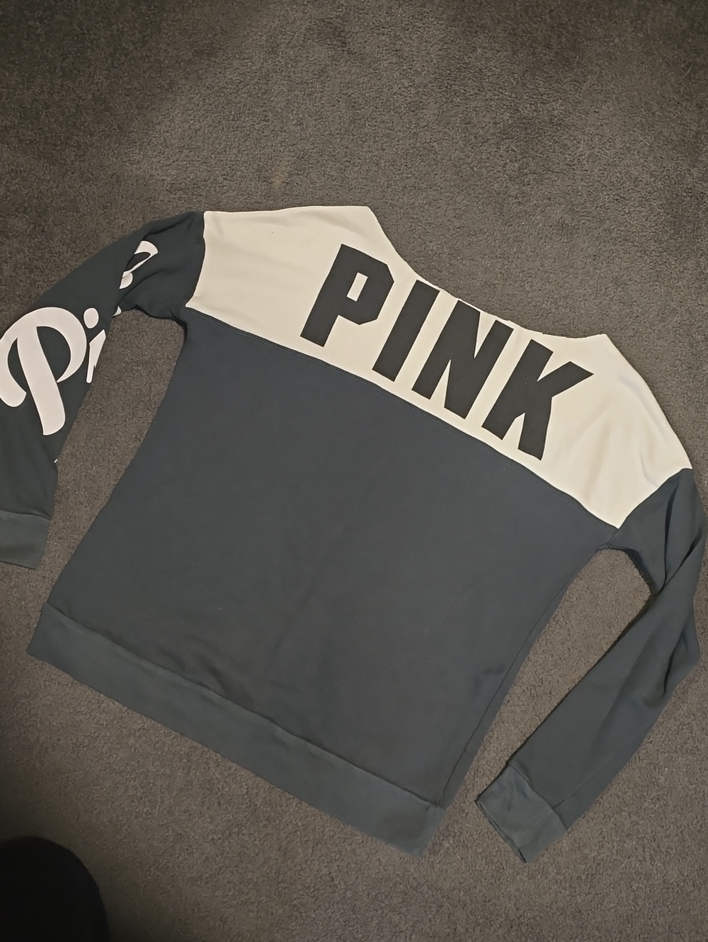 PINK Victoria's Secret Two-Tone Crewneck Sweater - Dark Green & White